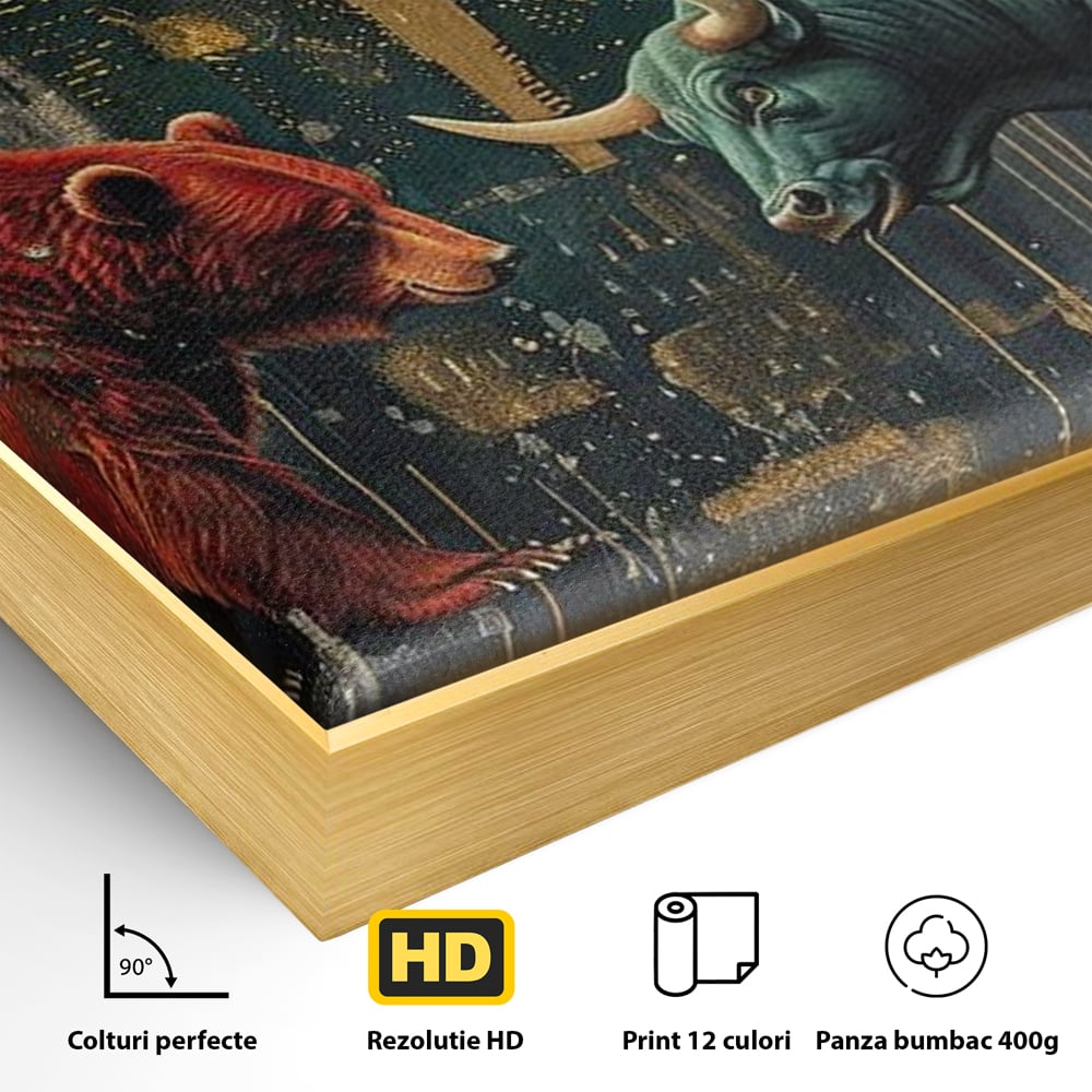 Detaliu al suprafetei: tablou canvas cu taur si urs, in rama de aluminiu auriu